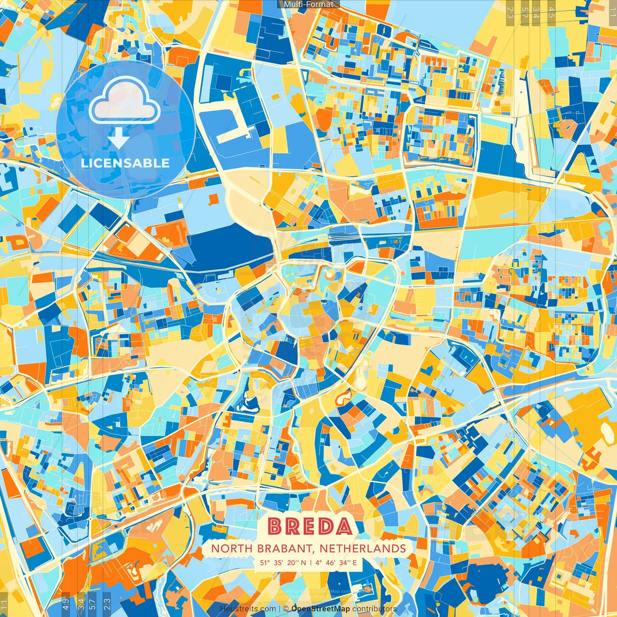 Breda, North Brabant, Netherlands blue and orange vector art map template