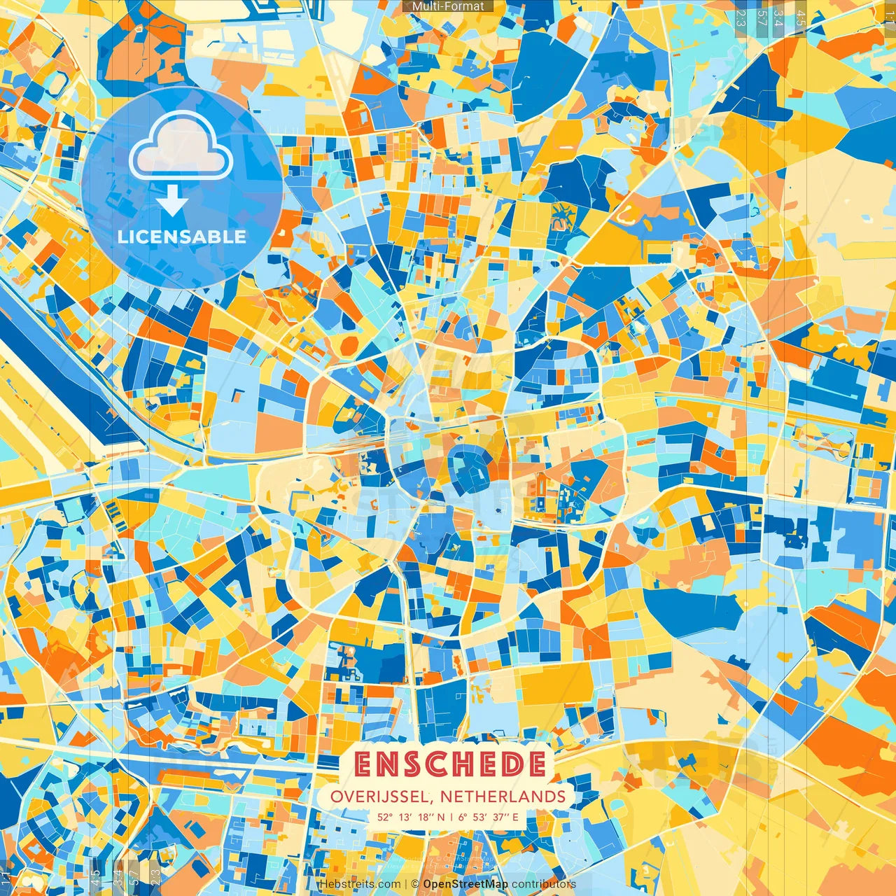 Enschede, Overijssel, Netherlands blue and orange vector art map template