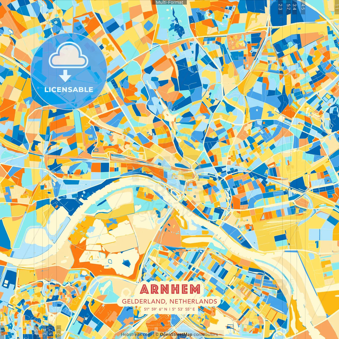 Arnhem, Gelderland, Netherlands blue and orange vector art map template