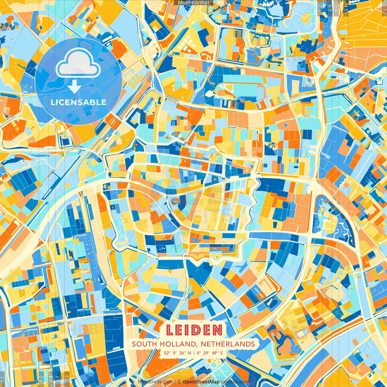 Leiden, South Holland, Netherlands blue and orange vector art map template