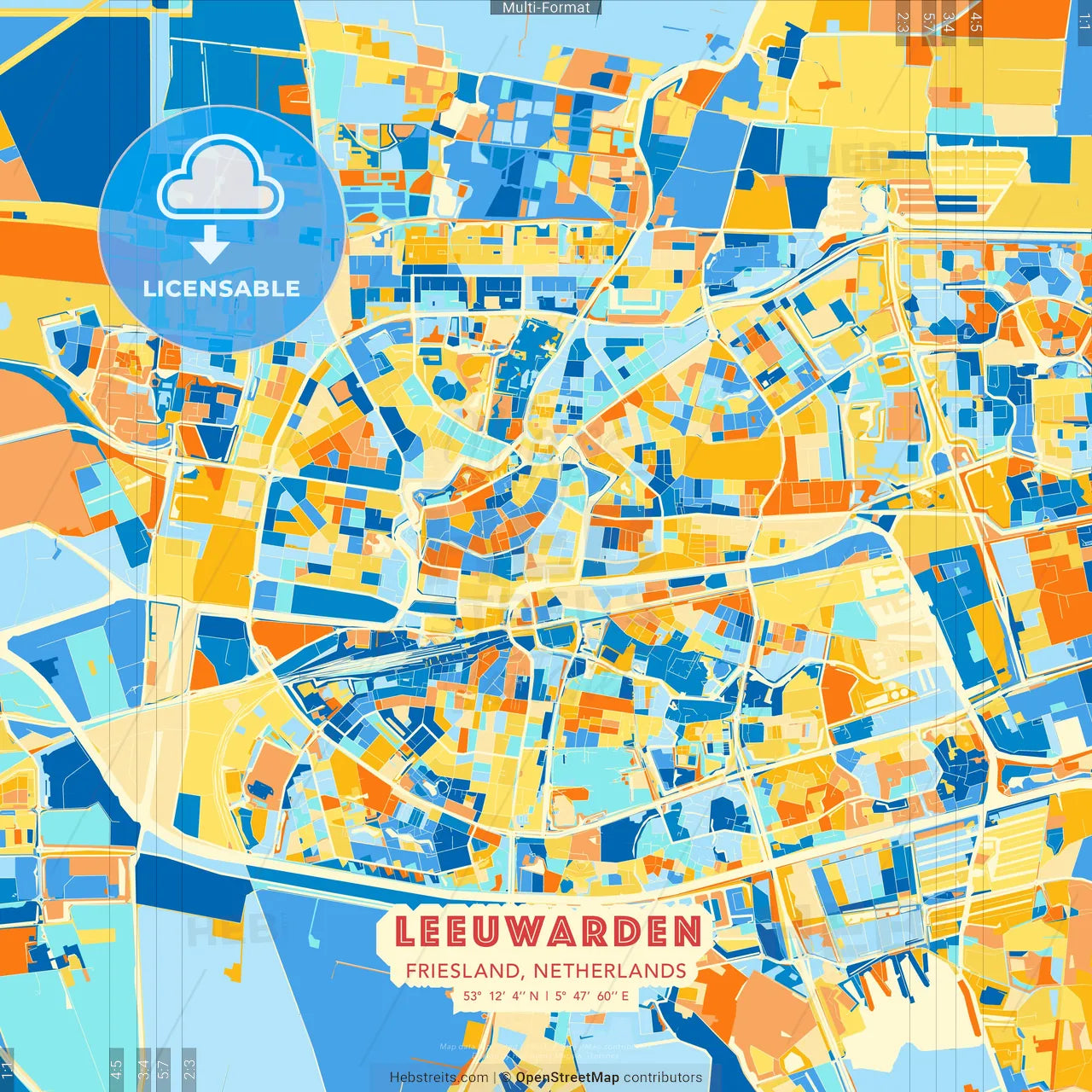 Leeuwarden, Friesland, Netherlands blue and orange vector art map template