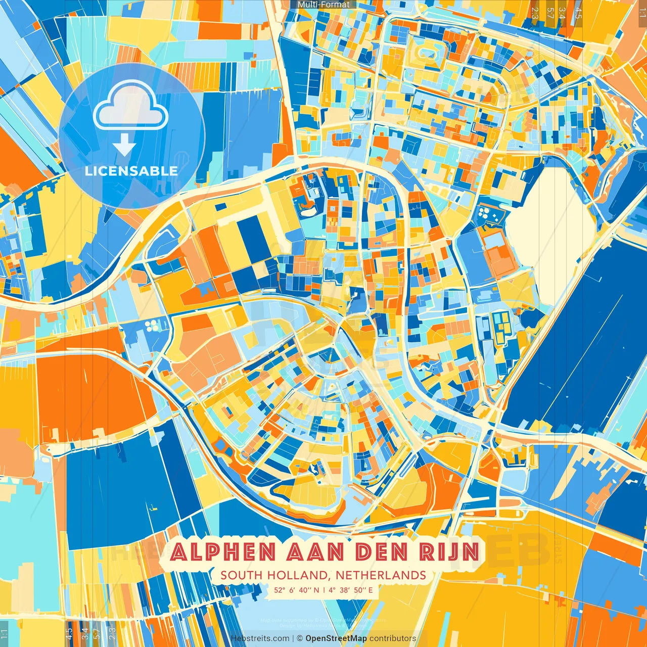 Alphen aan den Rijn, South Holland, Netherlands blue and orange vector art map template