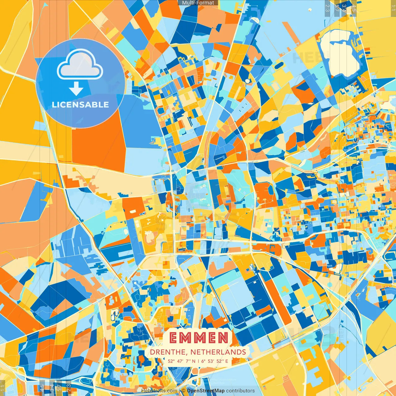 Emmen, Drenthe, Netherlands blue and orange vector art map template