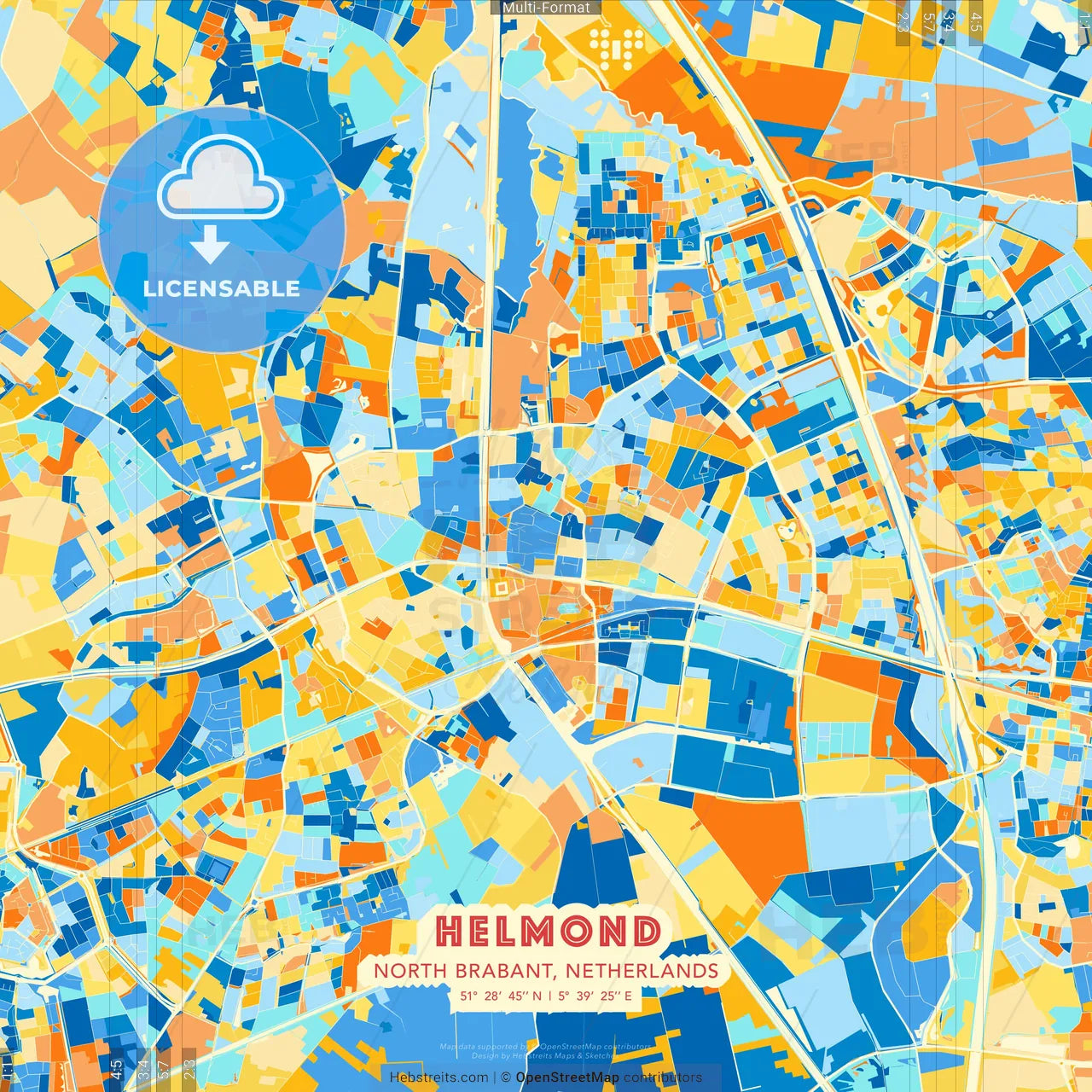 Helmond, North Brabant, Netherlands blue and orange vector art map template