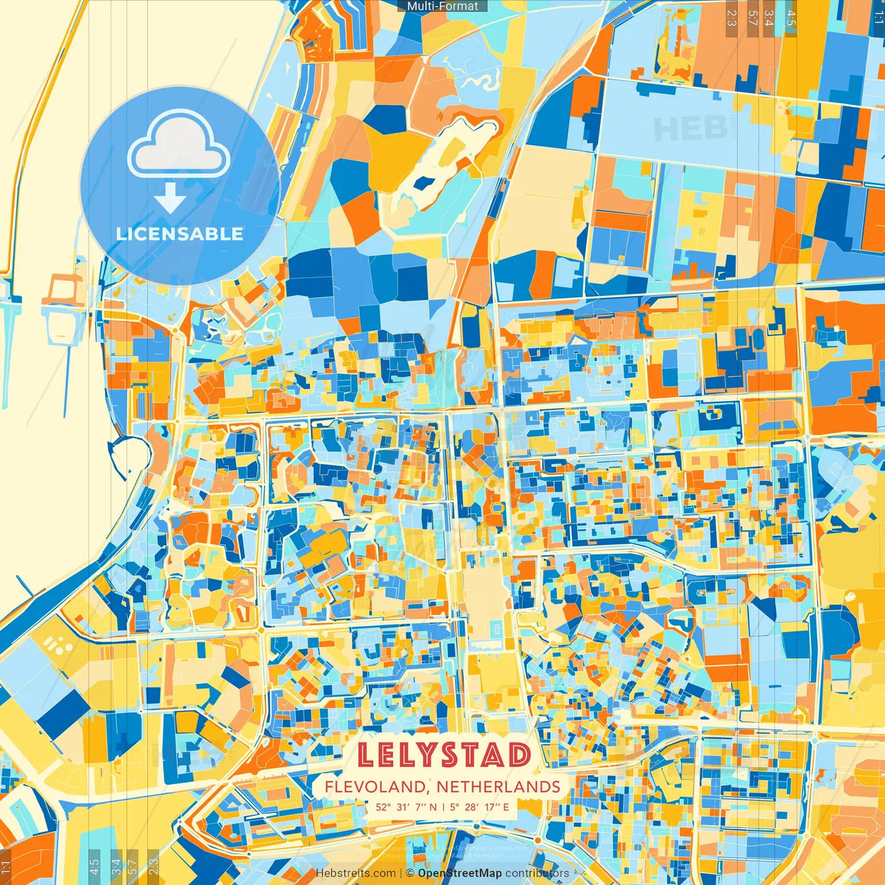 Lelystad, Flevoland, Netherlands blue and orange vector art map template