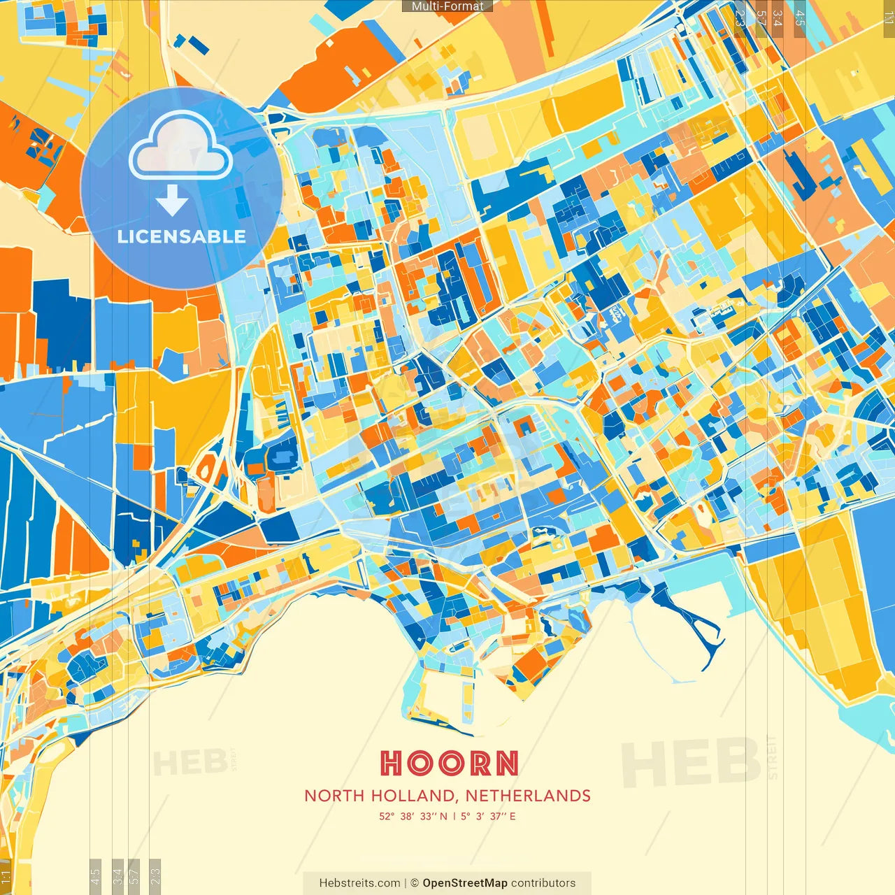 Hoorn, North Holland, Netherlands blue and orange vector art map template