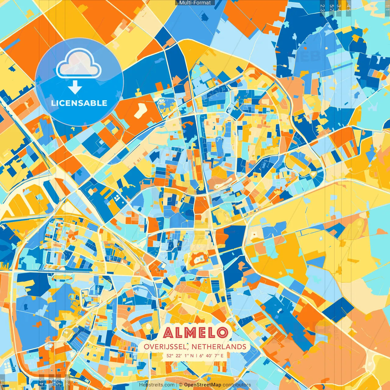 Almelo, Overijssel, Netherlands blue and orange vector art map template