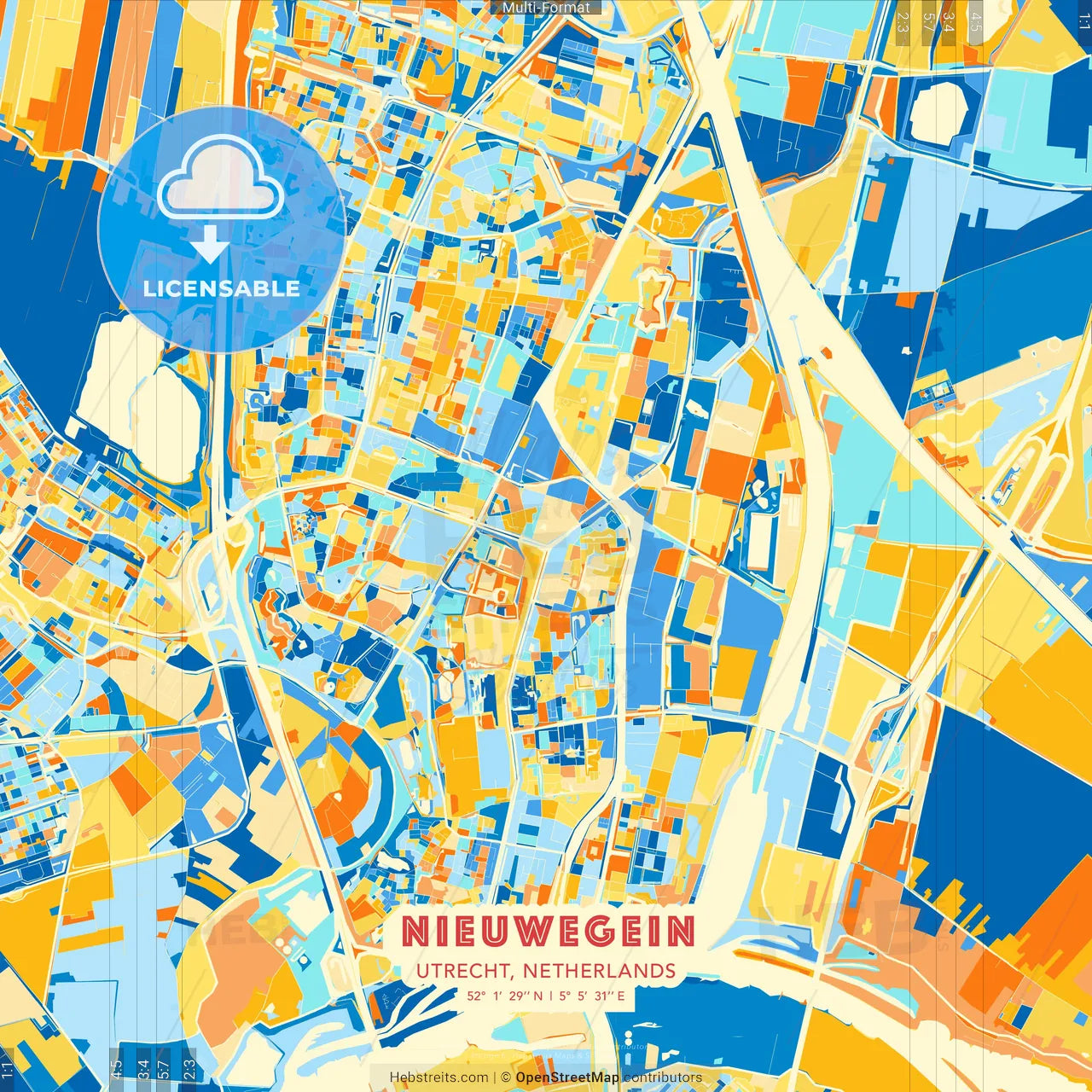 Nieuwegein, Utrecht, Netherlands blue and orange vector art map template