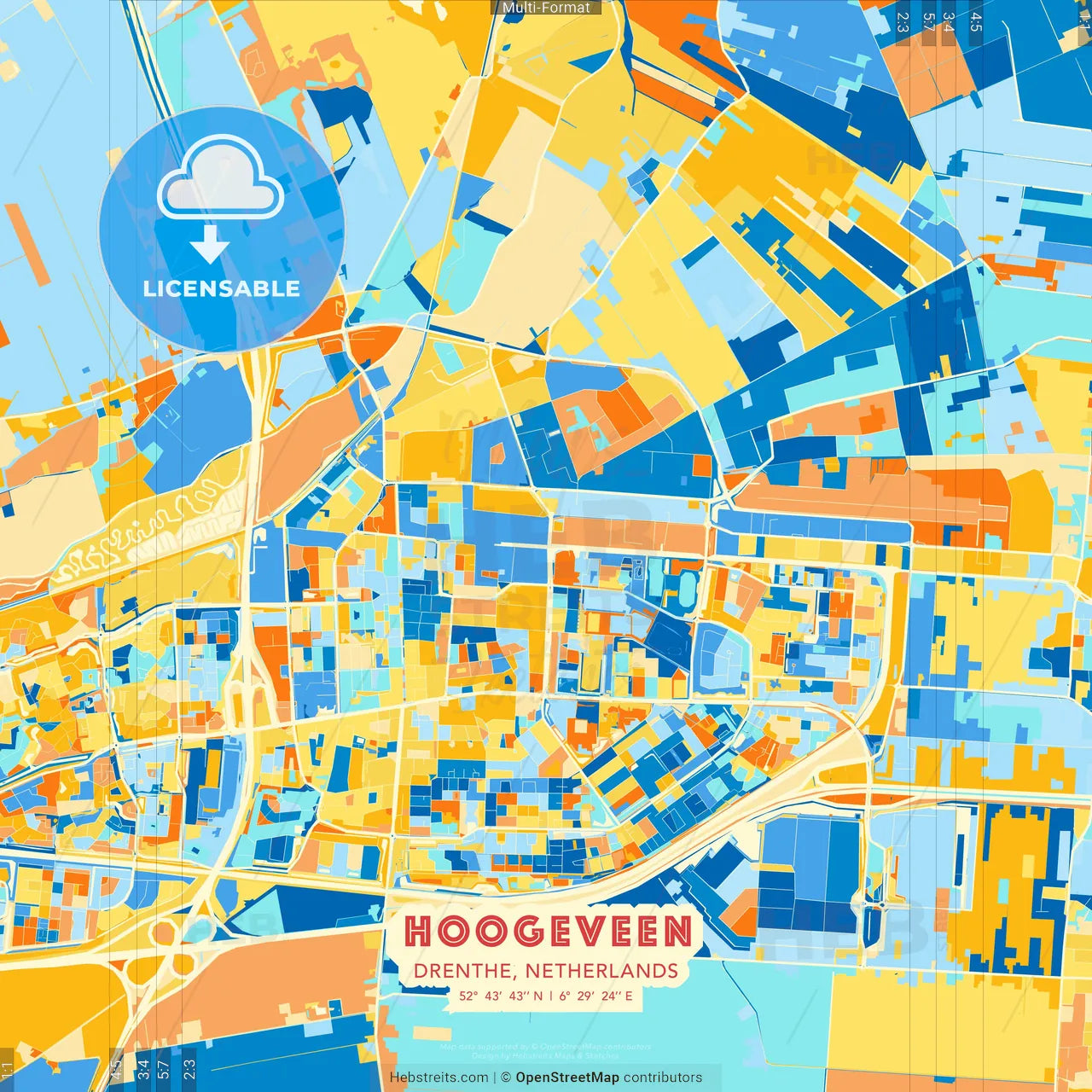 Hoogeveen, Drenthe, Netherlands blue and orange vector art map template