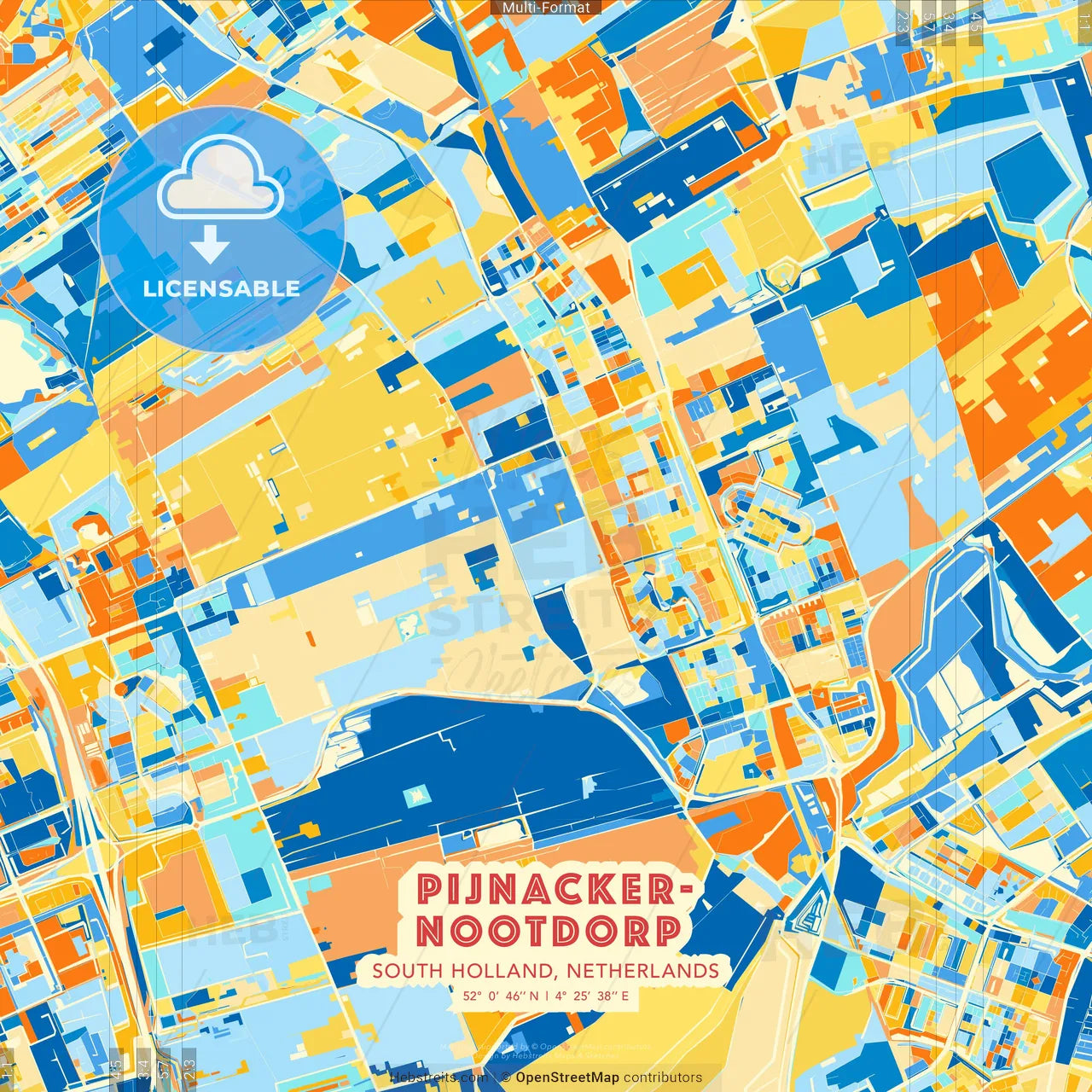 Pijnacker-Nootdorp, South Holland, Netherlands blue and orange vector art map template