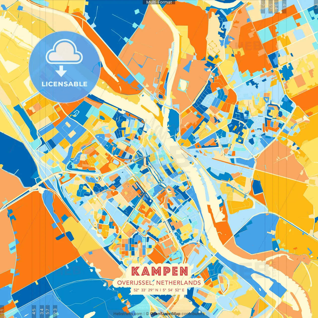 Kampen, Overijssel, Netherlands blue and orange vector art map template