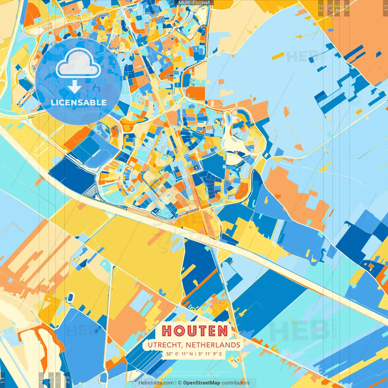 Houten, Utrecht, Netherlands blue and orange vector art map template