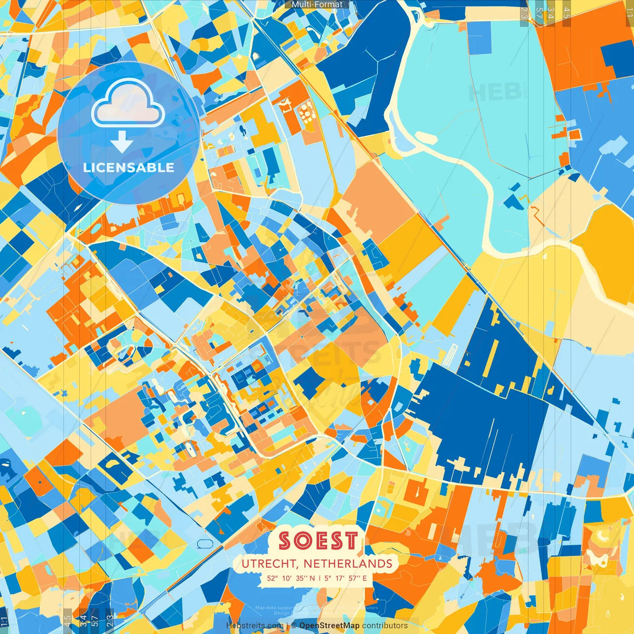 Soest, Utrecht, Netherlands blue and orange vector art map template