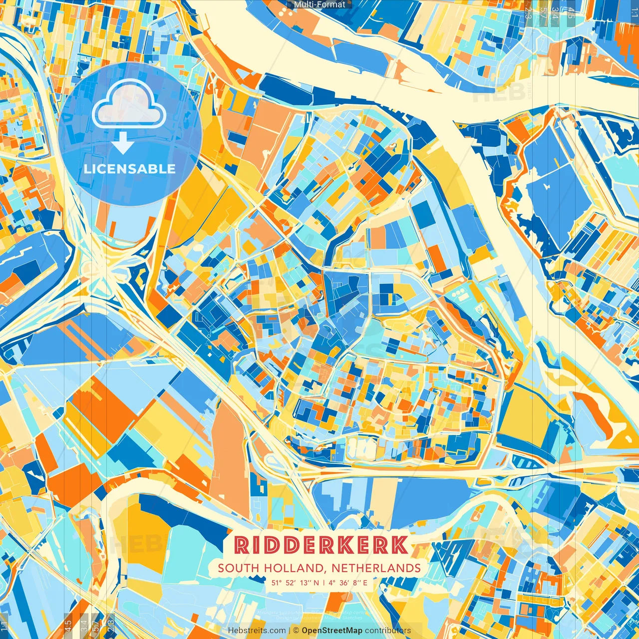 Ridderkerk, South Holland, Netherlands blue and orange vector art map template