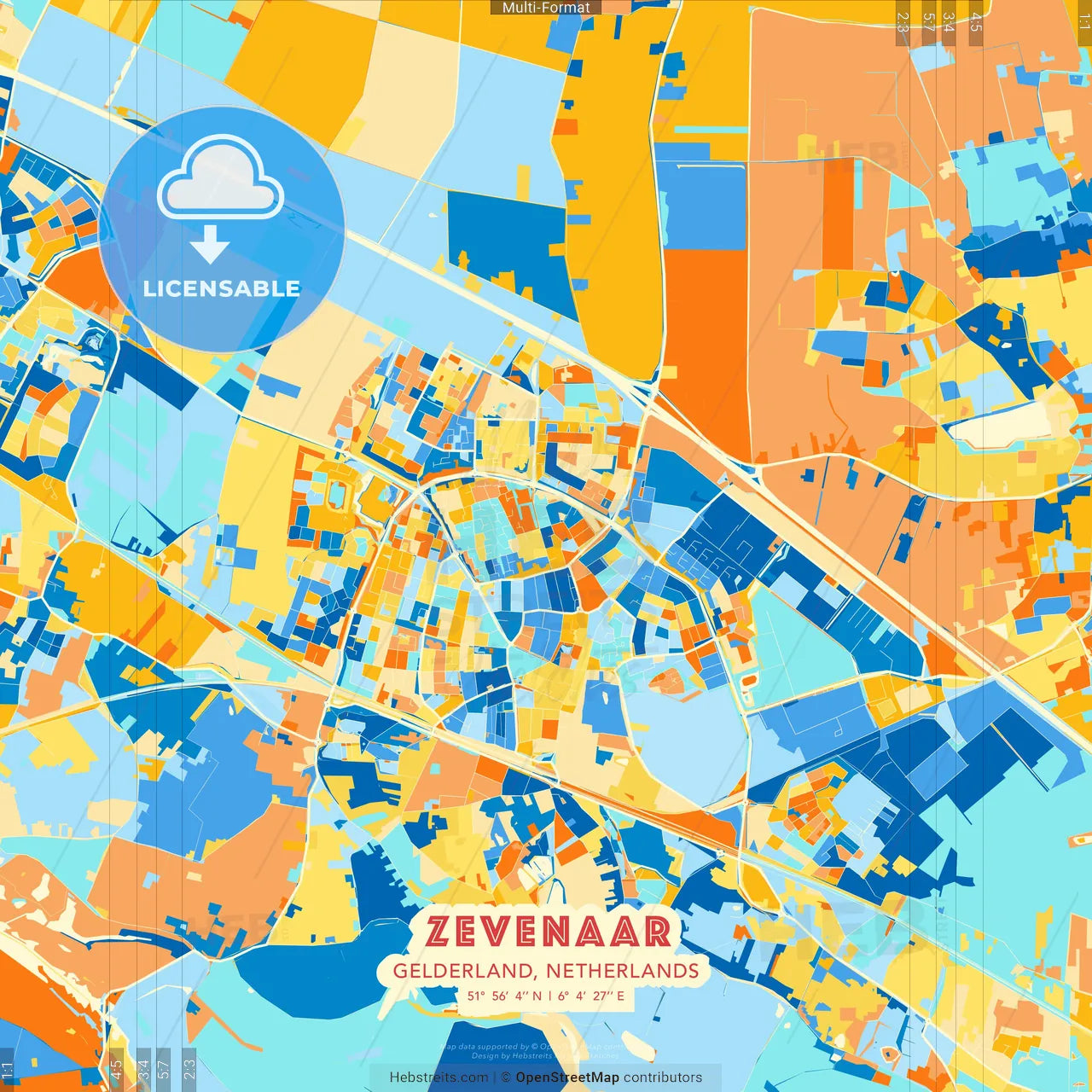 Zevenaar, Gelderland, Netherlands blue and orange vector art map template