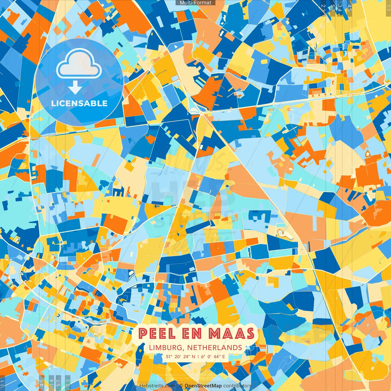 Peel en Maas, Limburg, Netherlands blue and orange vector art map template