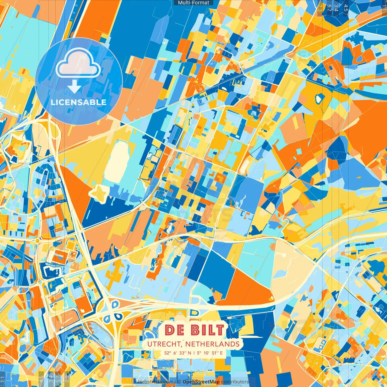 De Bilt, Utrecht, Netherlands blue and orange vector art map template
