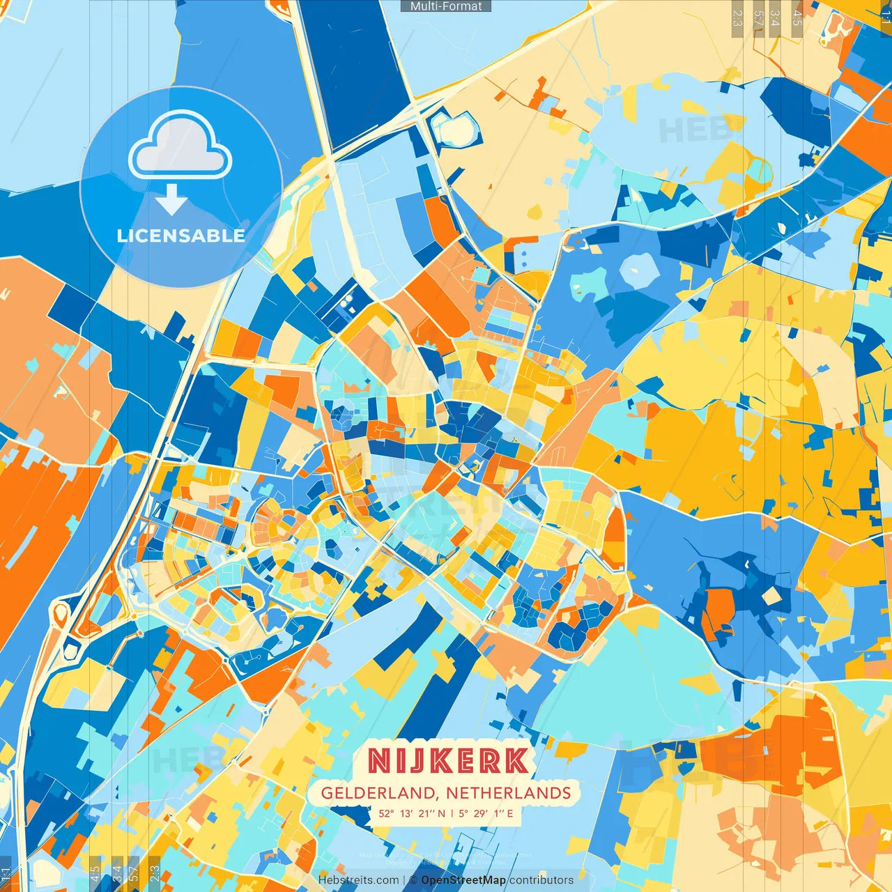 Nijkerk, Gelderland, Netherlands blue and orange vector art map template