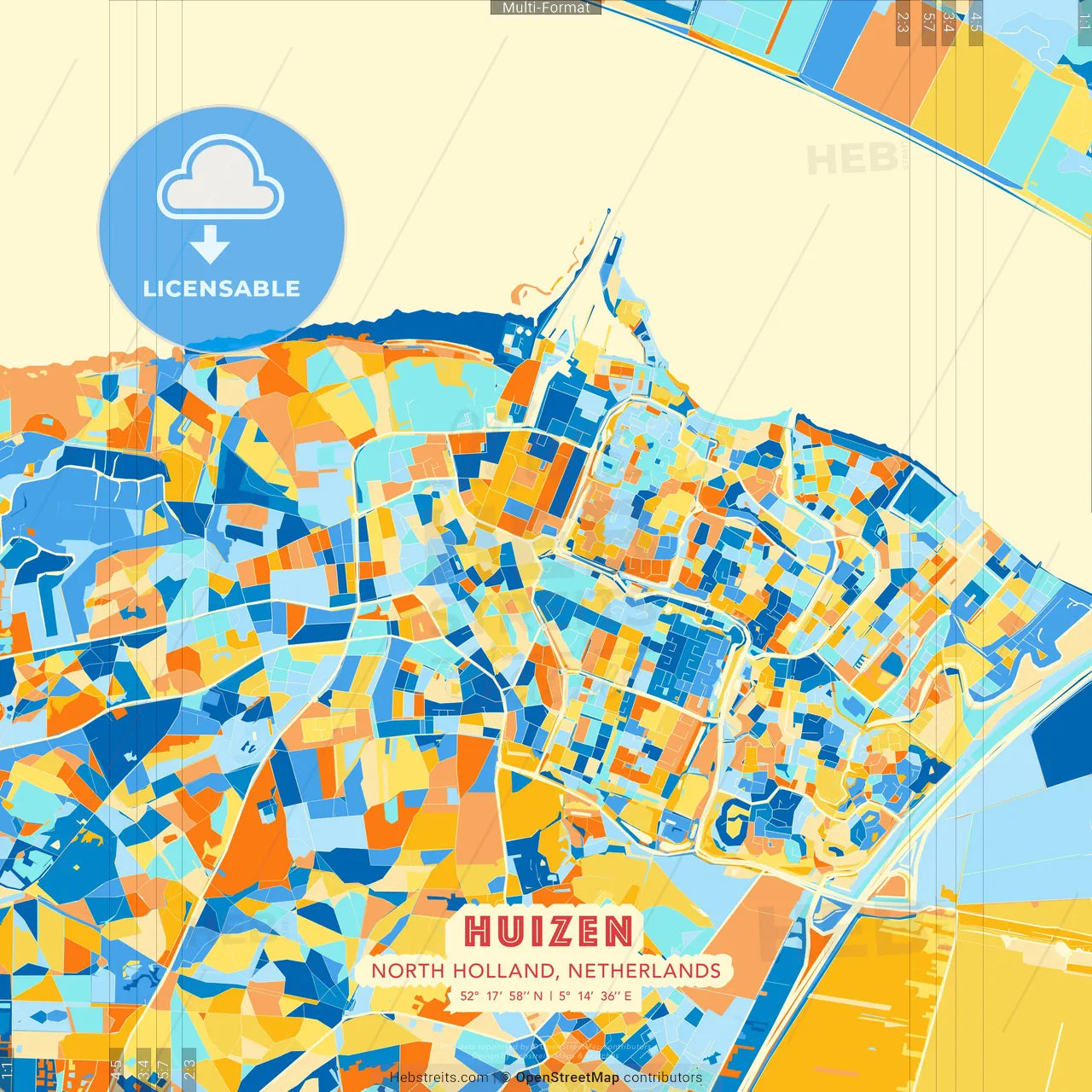 Huizen, North Holland, Netherlands blue and orange vector art map template