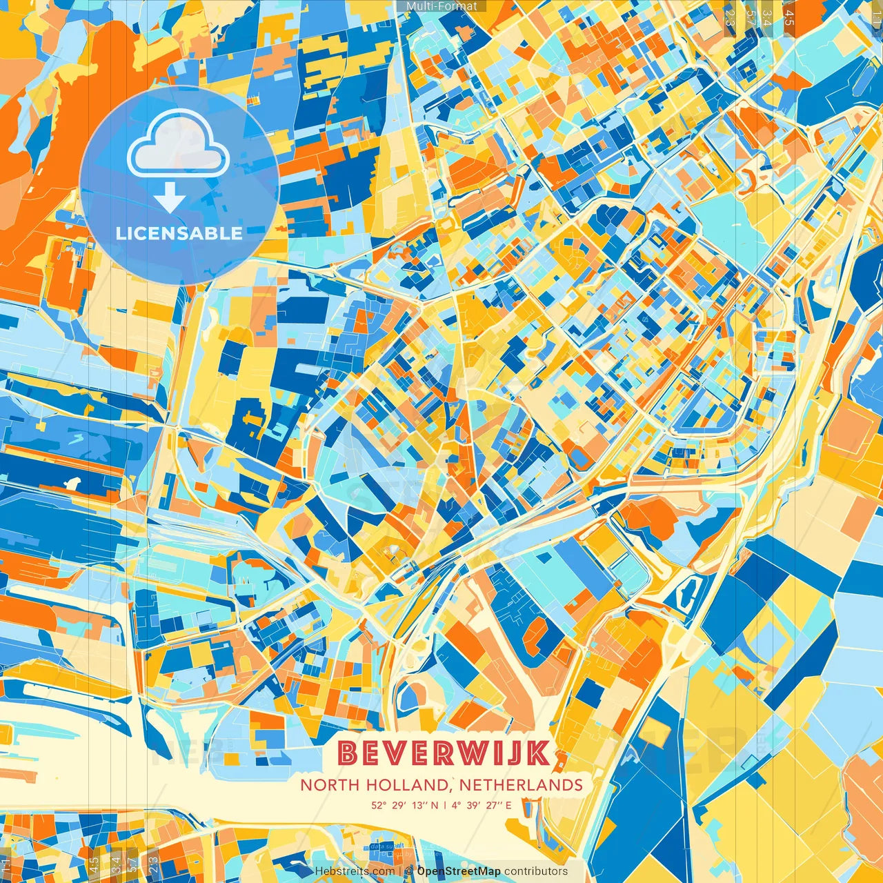 Beverwijk, North Holland, Netherlands blue and orange vector art map template