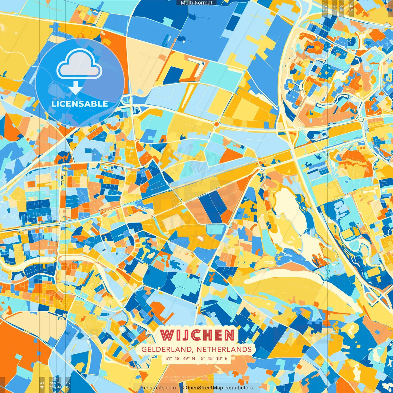 Wijchen, Gelderland, Netherlands blue and orange vector art map template