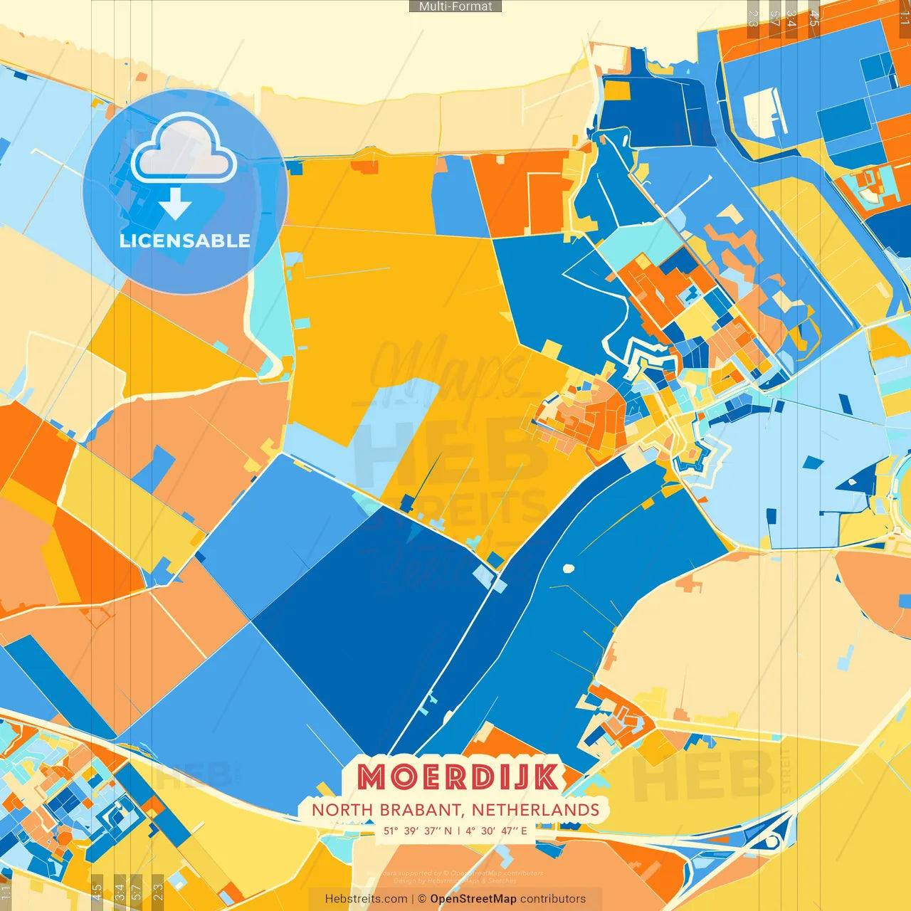 Moerdijk, North Brabant, Netherlands blue and orange vector art map template