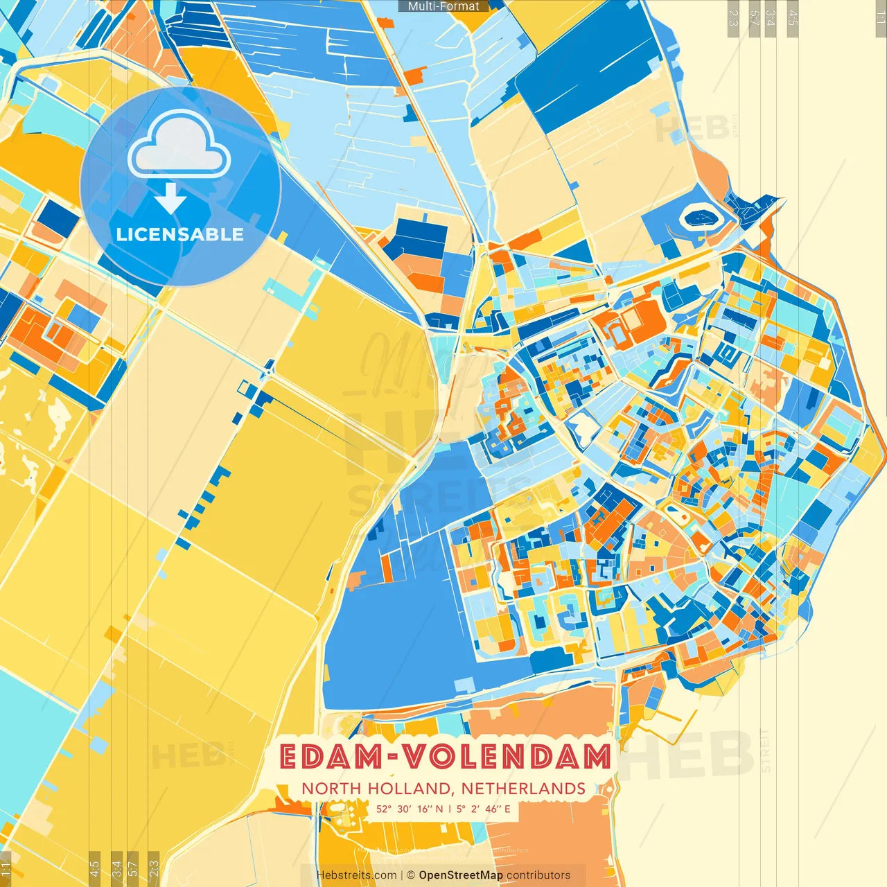 Edam-Volendam, North Holland, Netherlands blue and orange vector art map template