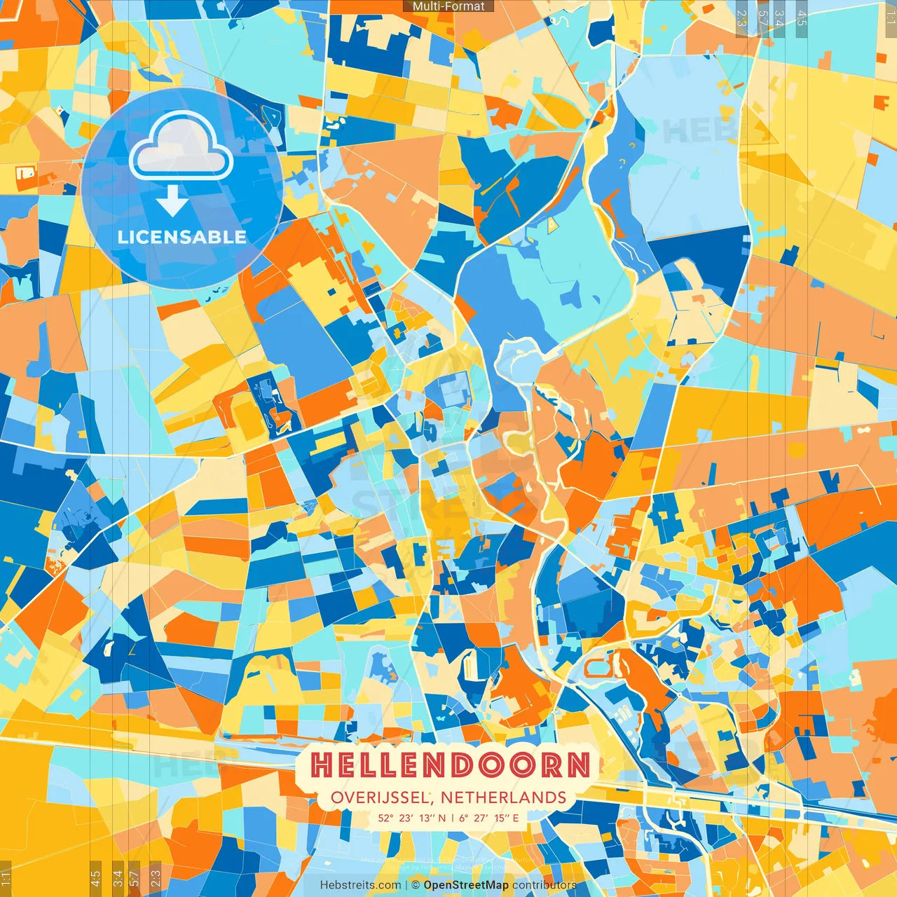 Hellendoorn, Overijssel, Netherlands blue and orange vector art map template