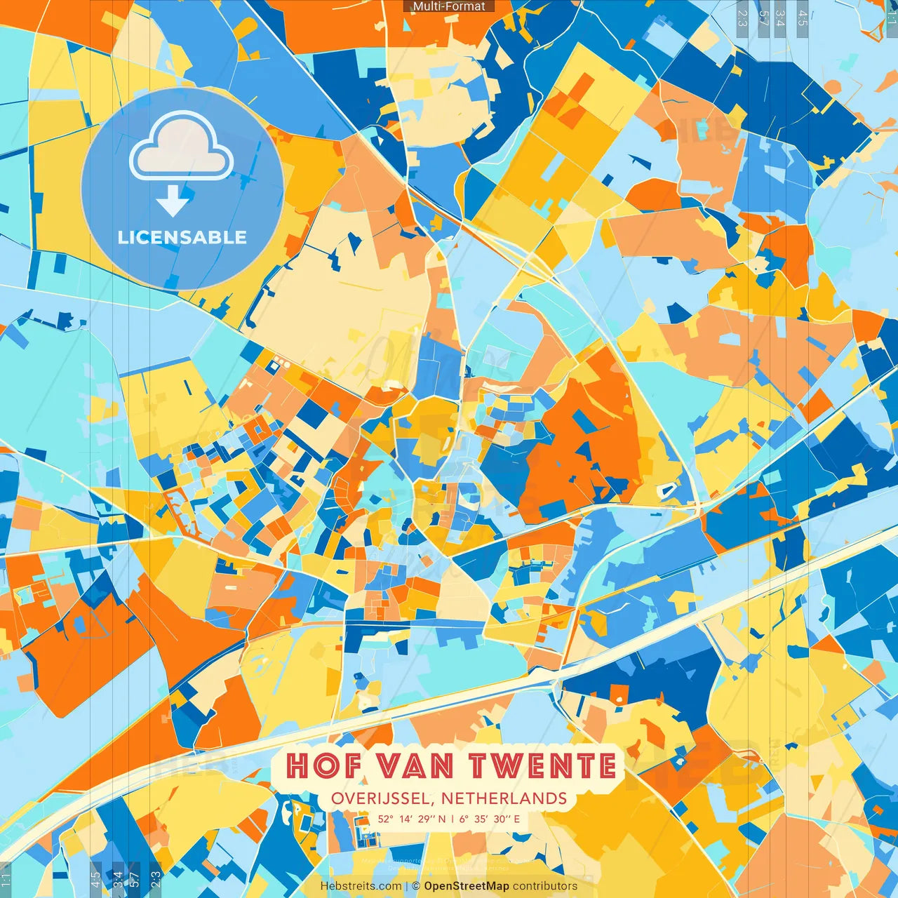 Hof van Twente, Overijssel, Netherlands blue and orange vector art map template