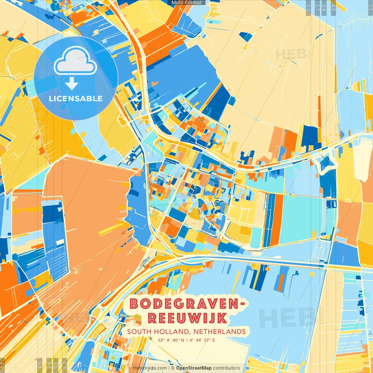 Bodegraven-Reeuwijk, South Holland, Netherlands blue and orange vector art map template