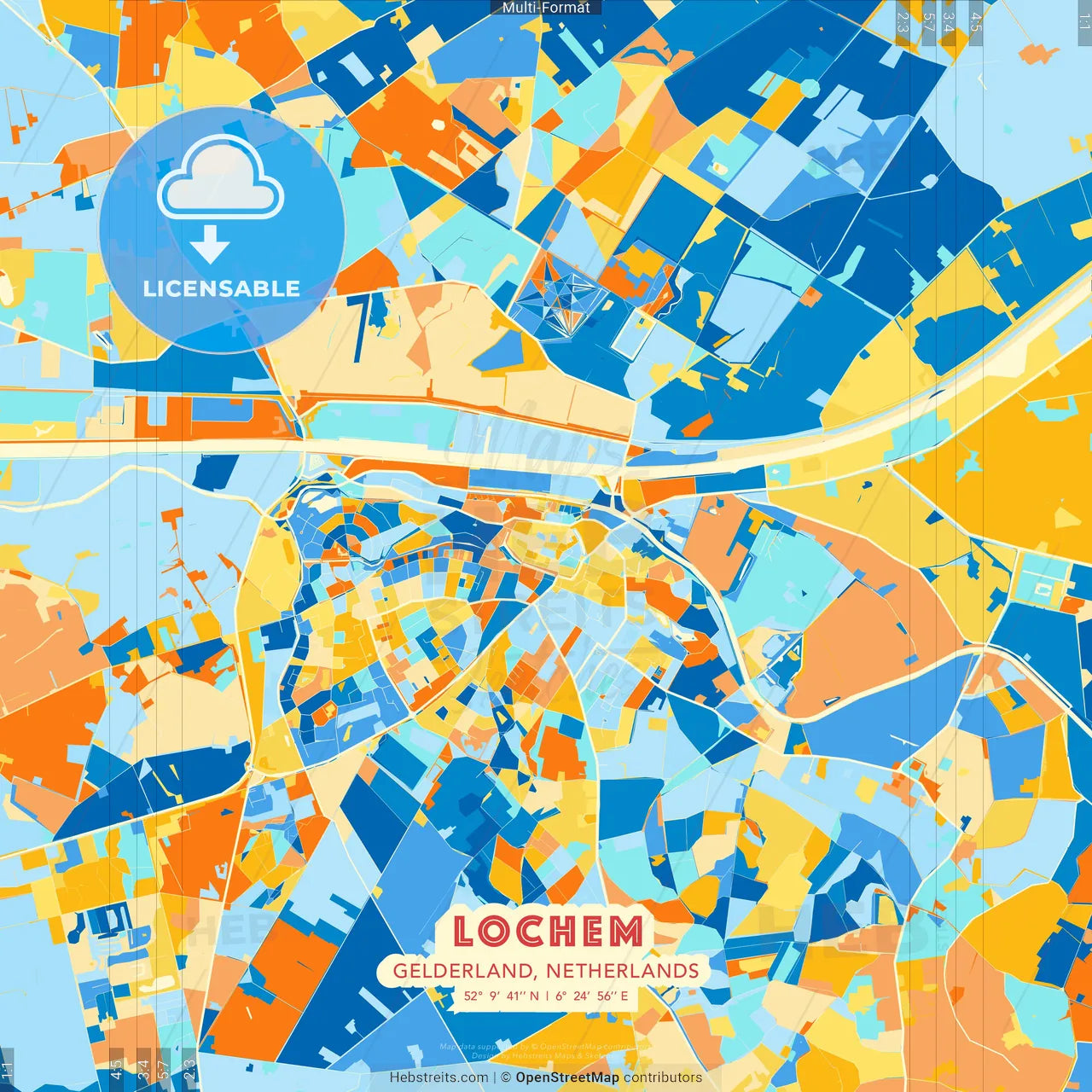 Lochem, Gelderland, Netherlands blue and orange vector art map template