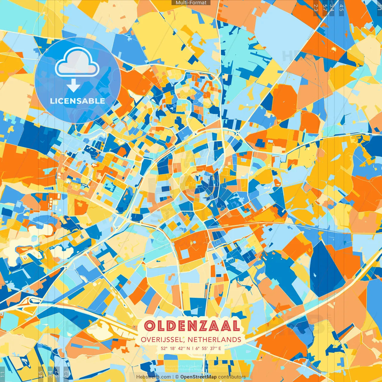 Oldenzaal, Overijssel, Netherlands blue and orange vector art map template