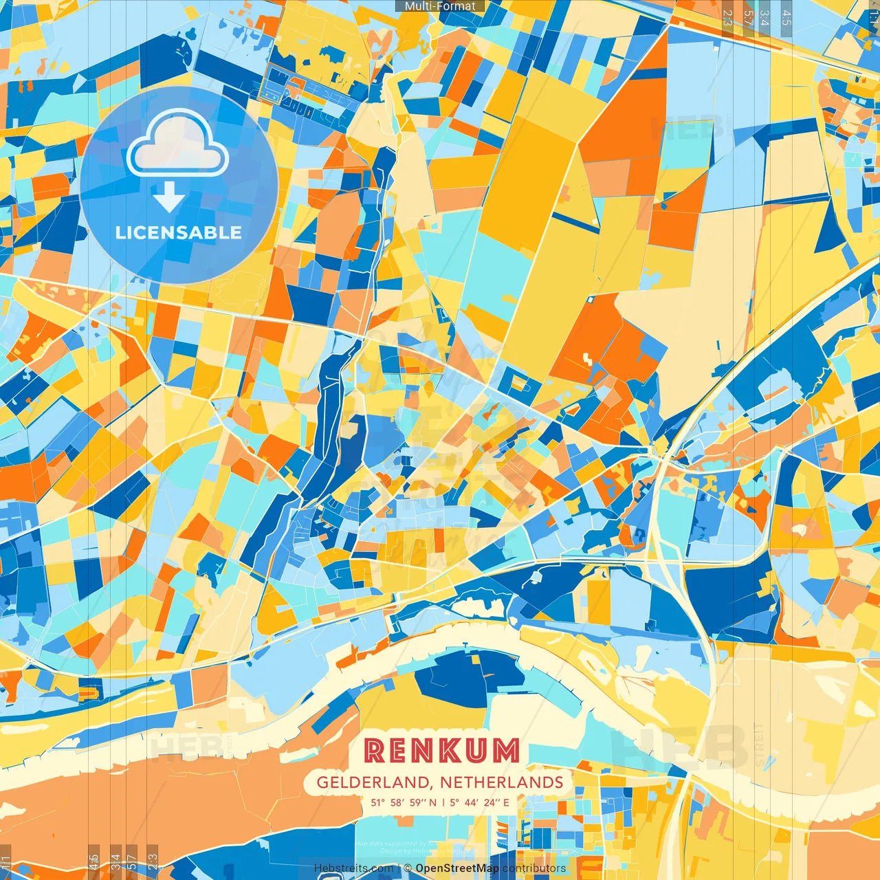 Renkum, Gelderland, Netherlands blue and orange vector art map template