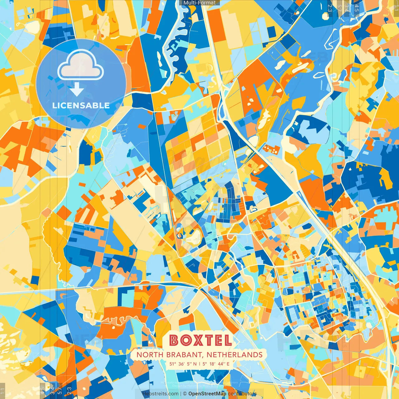 Boxtel, North Brabant, Netherlands blue and orange vector art map template