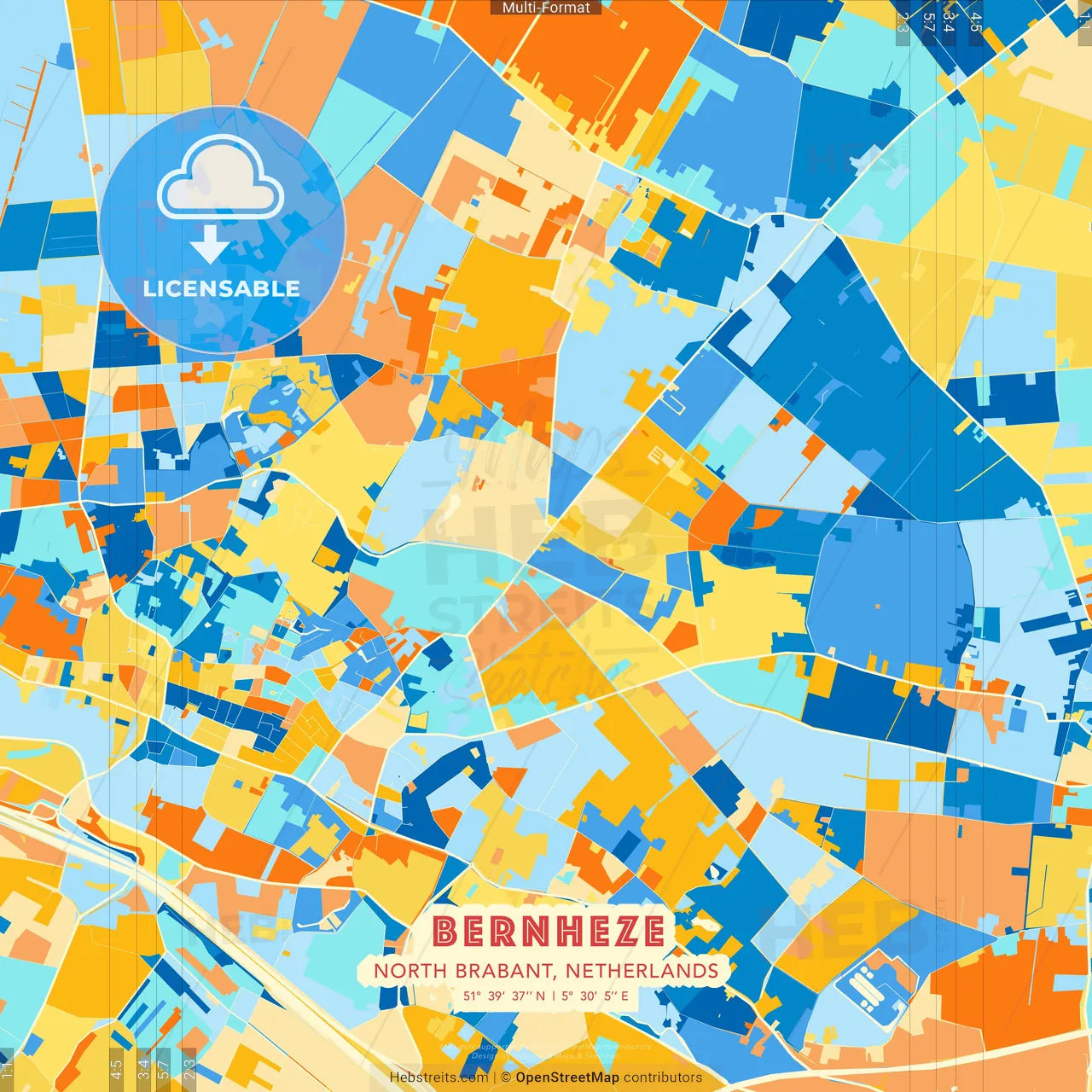 Bernheze, North Brabant, Netherlands blue and orange vector art map template