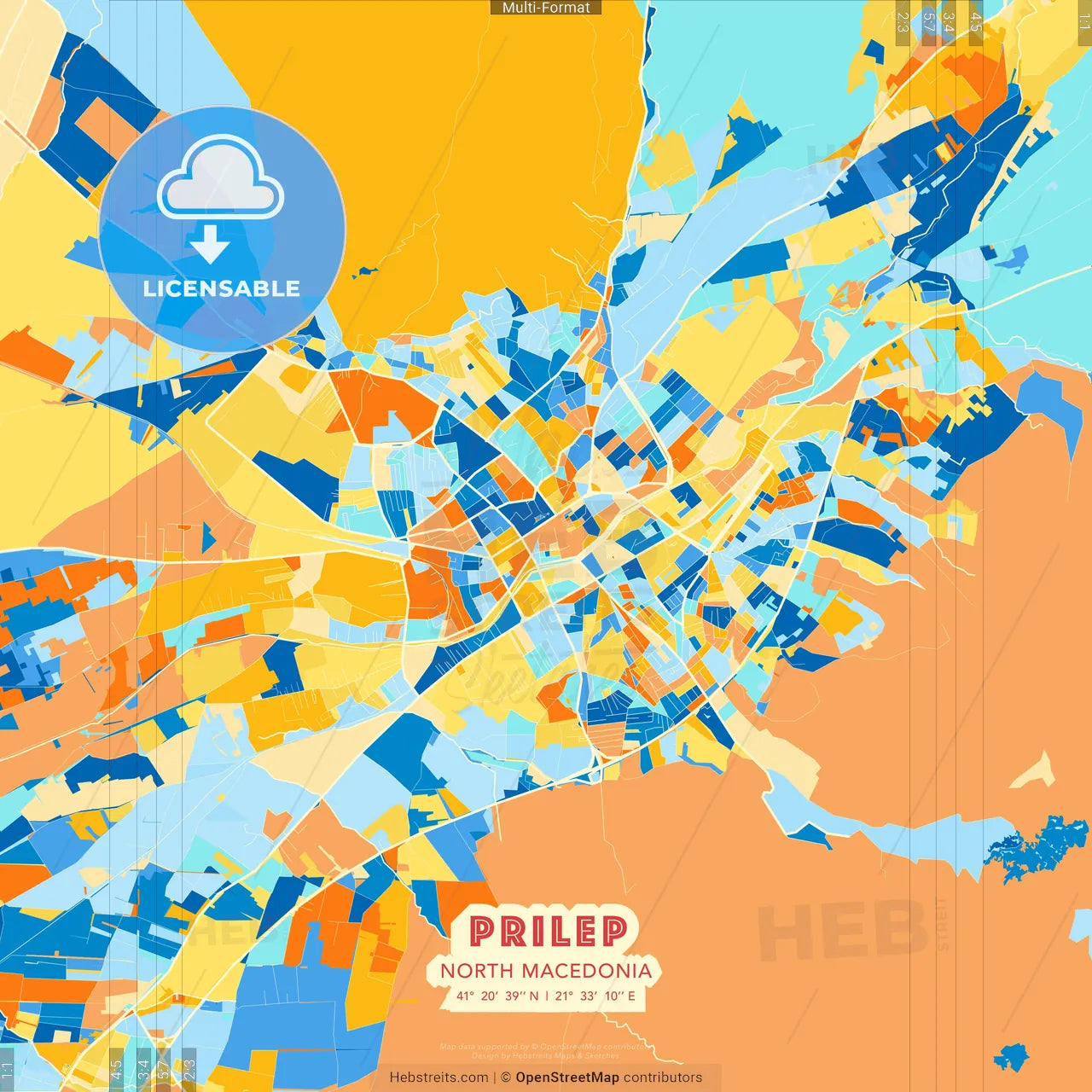 Prilep, North Macedonia blue and orange vector art map template