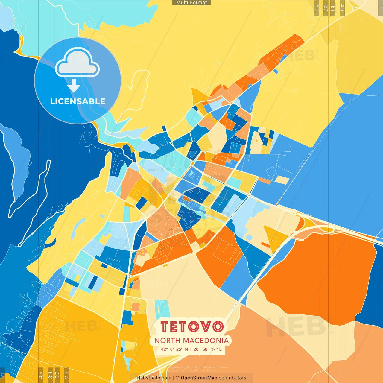 Tetovo, North Macedonia blue and orange vector art map template