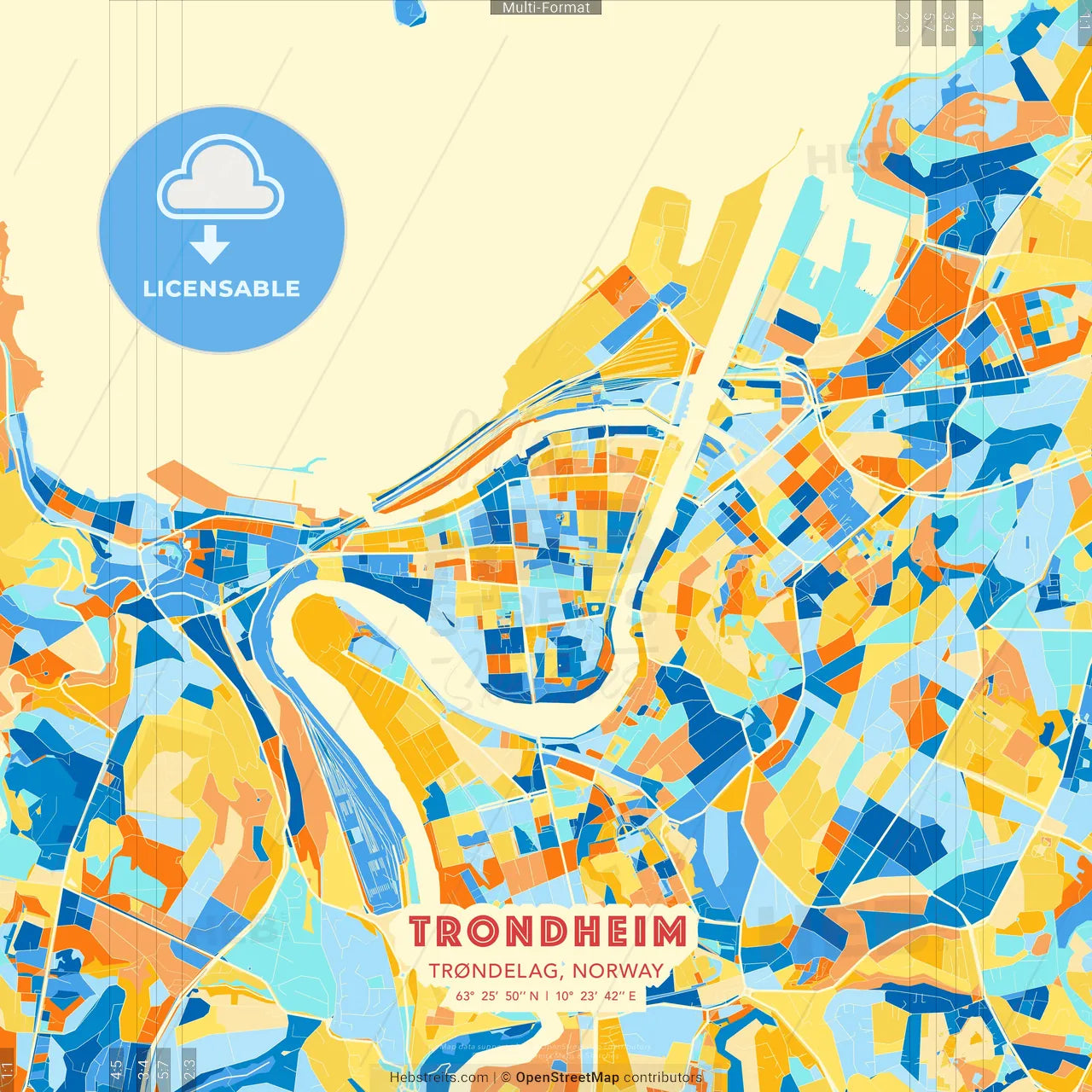 Trondheim, Trøndelag, Norway blue and orange vector art map template