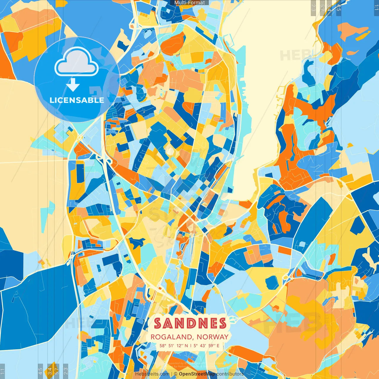 Sandnes, Rogaland, Norway blue and orange vector art map template