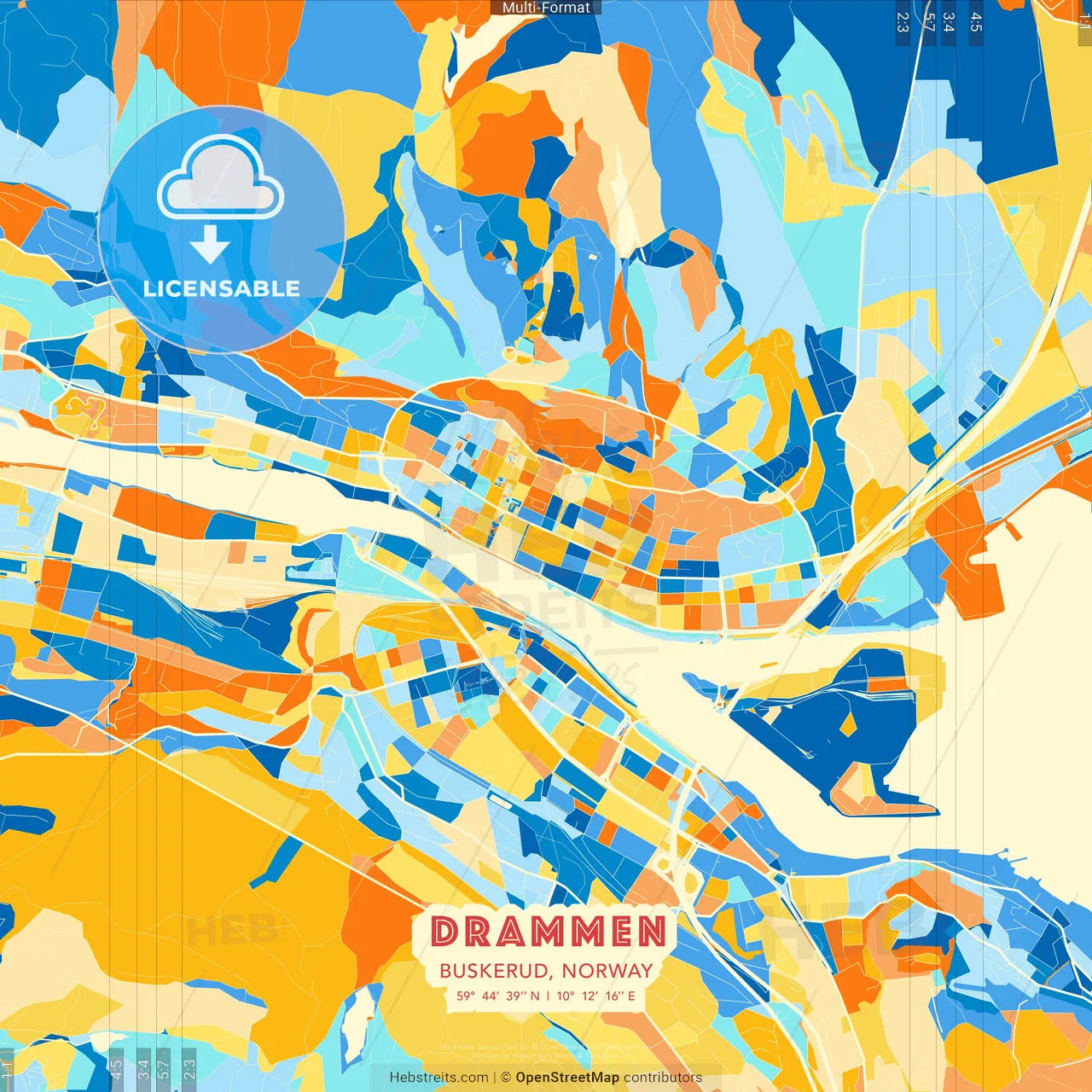 Drammen, Buskerud, Norway blue and orange vector art map template