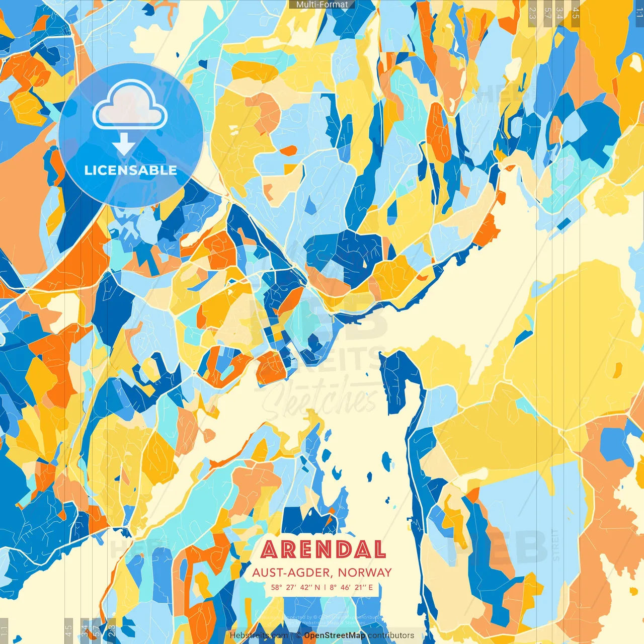 Arendal, Aust-Agder, Norway blue and orange vector art map template