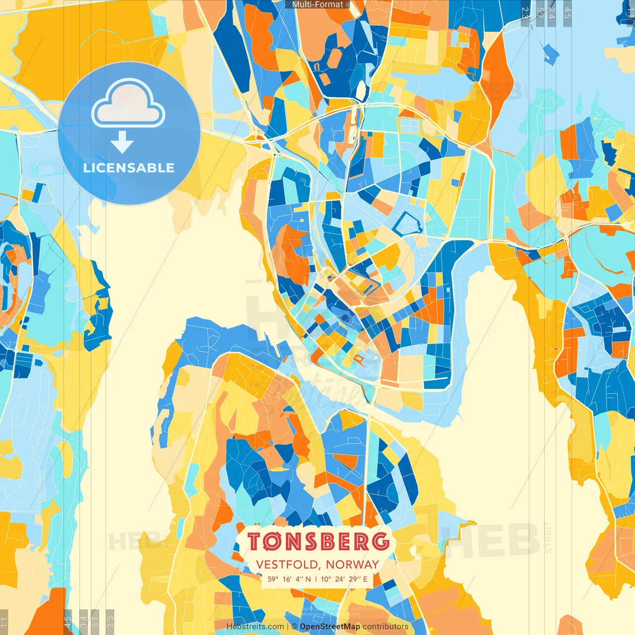 Tønsberg, Vestfold, Norway blue and orange vector art map template