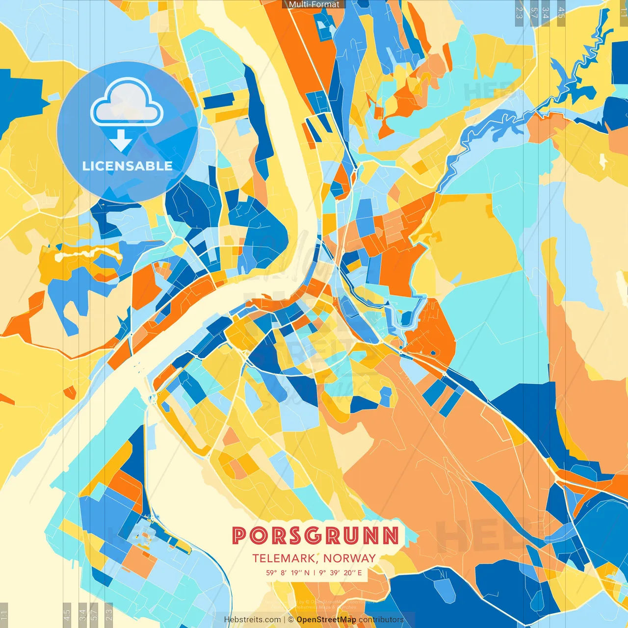 Porsgrunn, Telemark, Norway blue and orange vector art map template