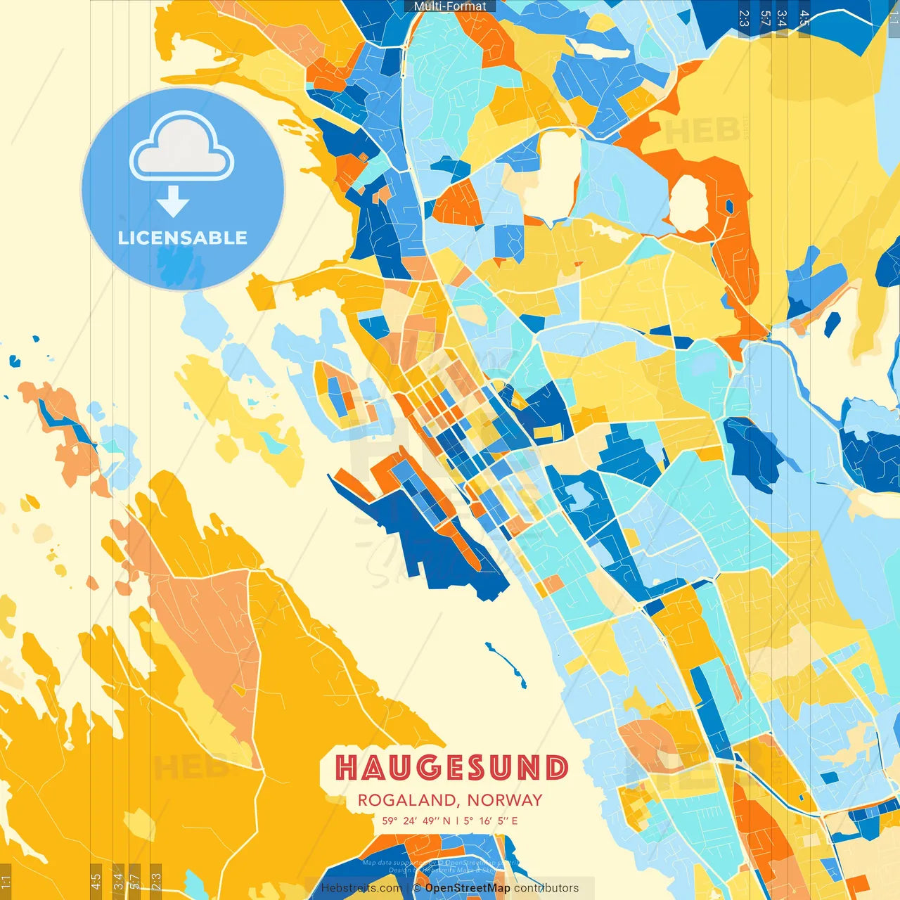 Haugesund, Rogaland, Norway blue and orange vector art map template