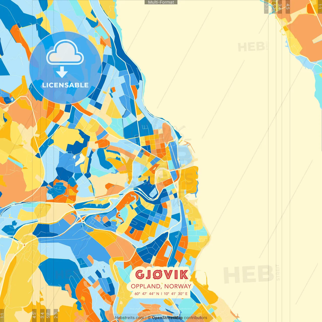 Gjøvik, Oppland, Norway blue and orange vector art map template