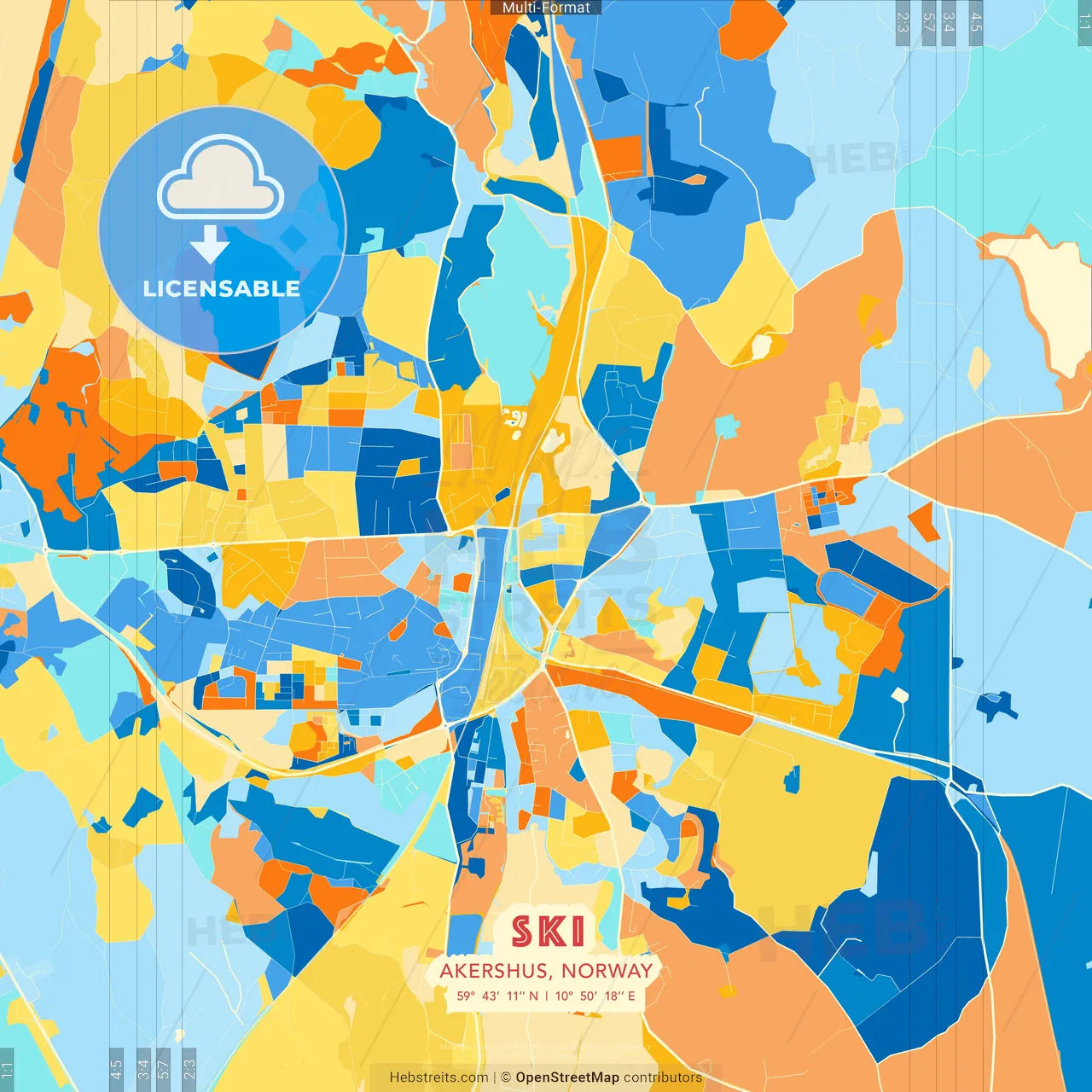 Ski, Akershus, Norway blue and orange vector art map template