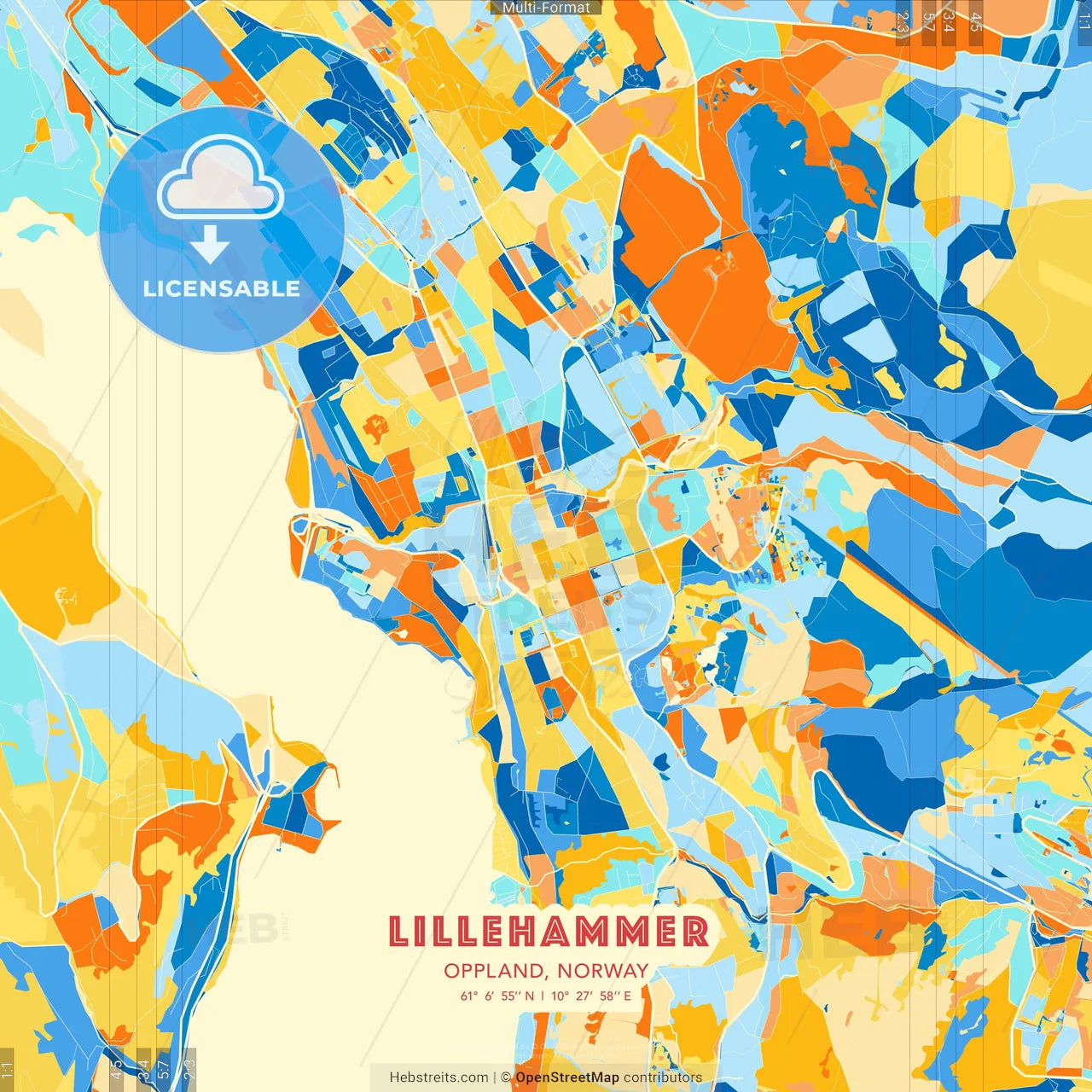 Lillehammer, Oppland, Norway blue and orange vector art map template