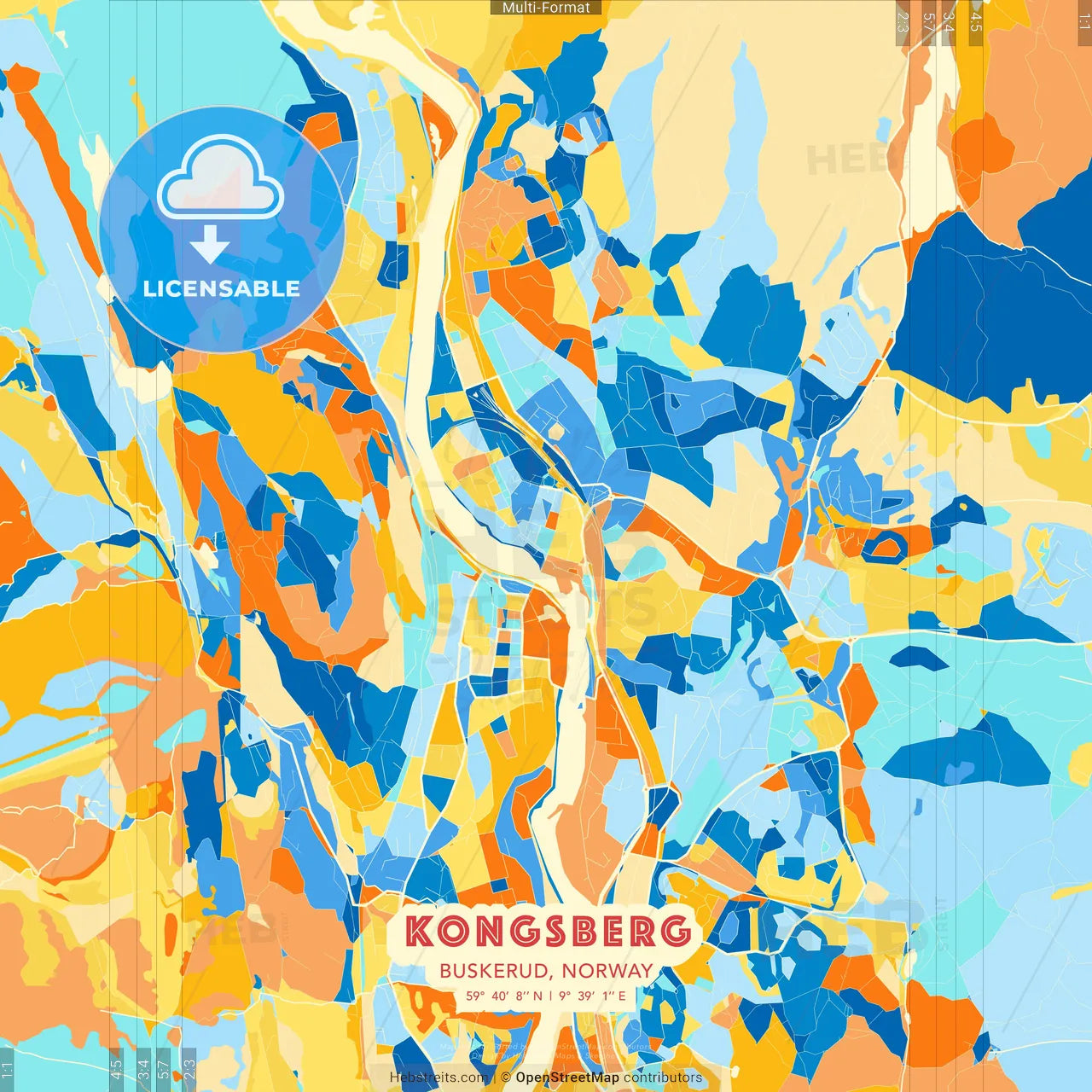 Kongsberg, Buskerud, Norway blue and orange vector art map template