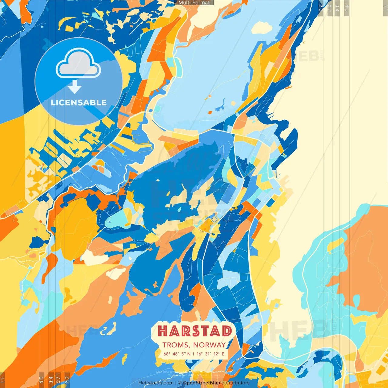 Harstad, Troms, Norway blue and orange vector art map template