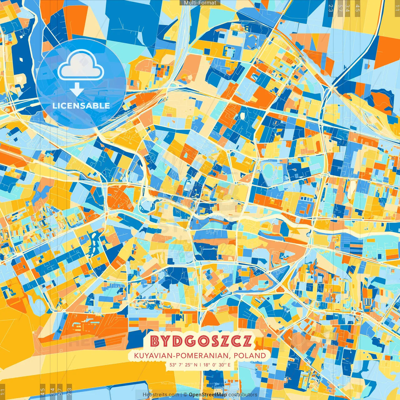 Bydgoszcz, Kuyavian-Pomeranian, Poland blue and orange vector art map template